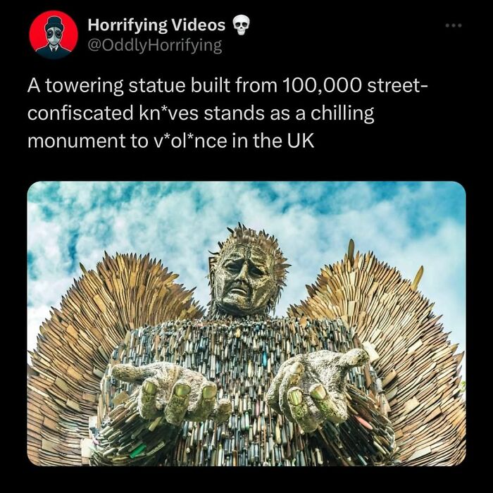Statue made from 100,000 confiscated knives stands as an unnerving monument to violence in the UK.