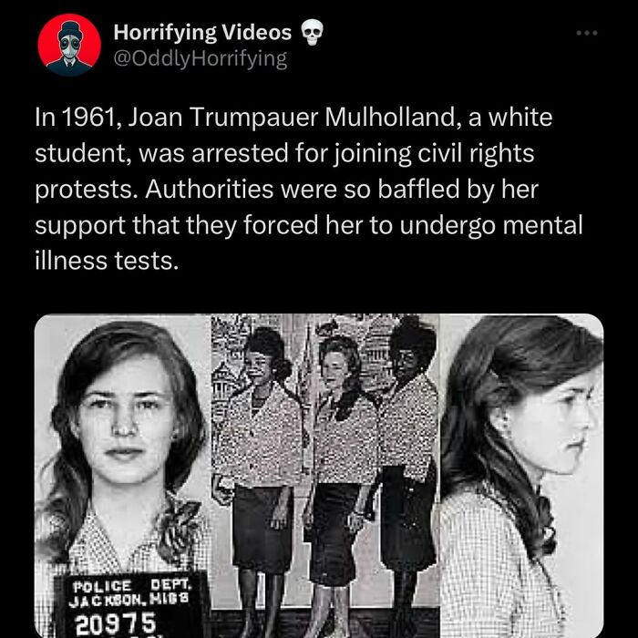 Historical black and white photo of Joan Trumpauer Mulholland arrested for civil rights protests, an unnerving image.
