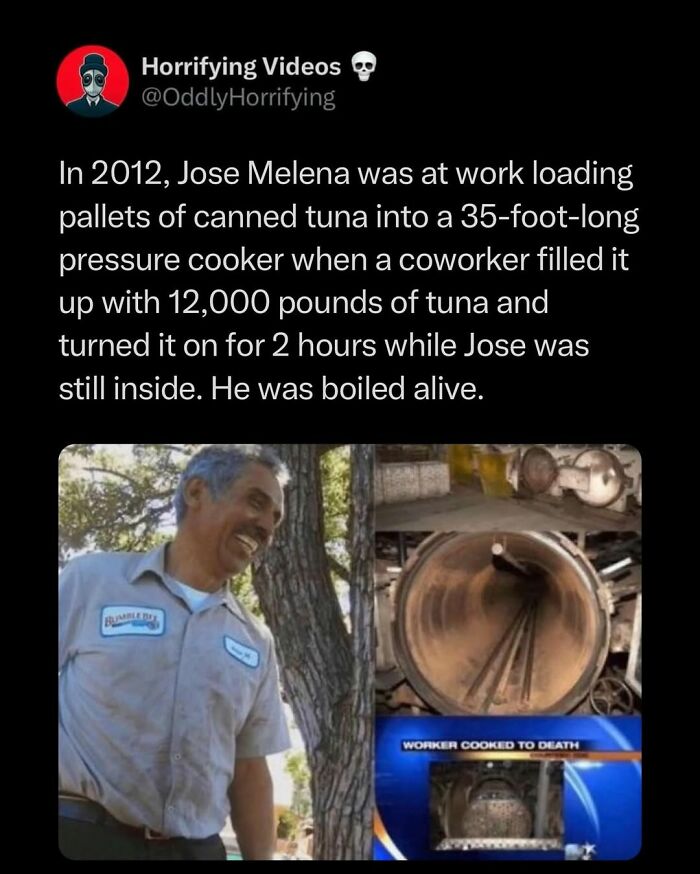 Tweet describing a horrifying workplace accident where a man was boiled alive in a pressure cooker, unsettling and unnerving.