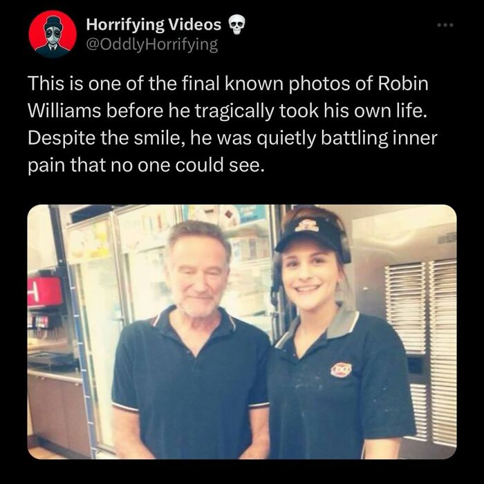 Photo of Robin Williams smiling alongside a young woman in a fast-food restaurant, capturing an unnerving moment.