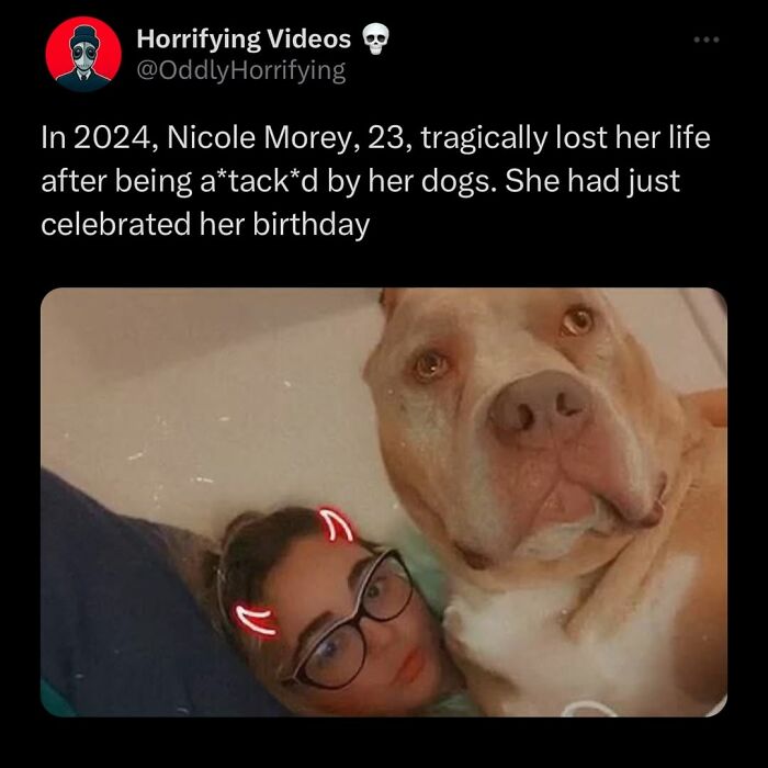 Social media post showing a young woman with glasses and a large dog, related to oddly horrifying unnerving images.