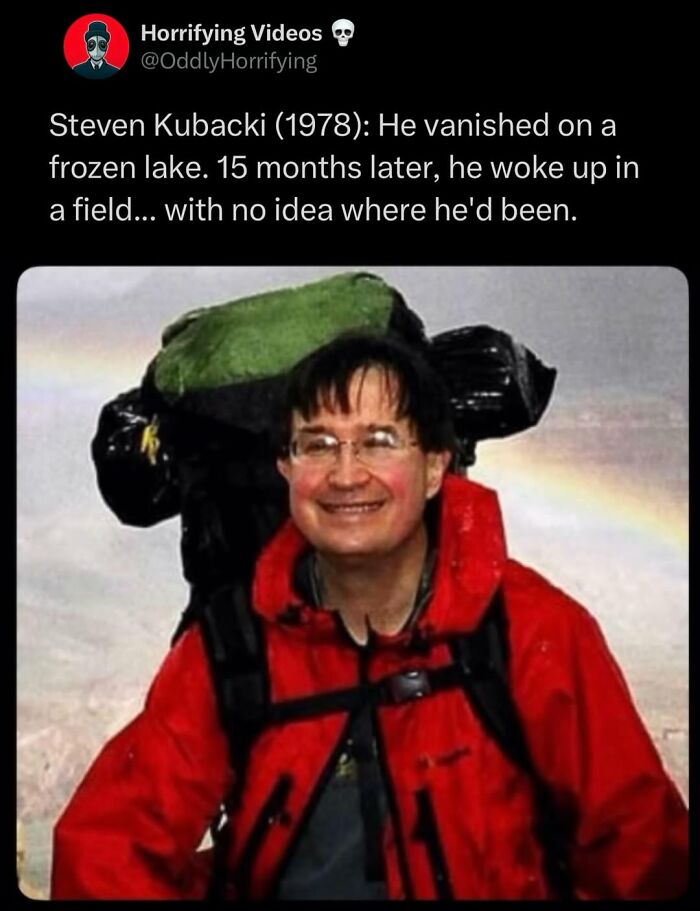 Man smiling in red jacket with backpack, linked to oddly horrifying story of a mysterious disappearance and return after 15 months.