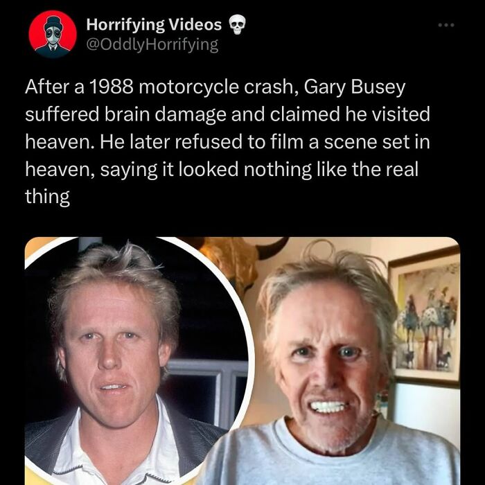 Image showing a tweet about Gary Busey’s brain injury and refusal to film heaven scenes, illustrating unnerving and horrifying visuals.