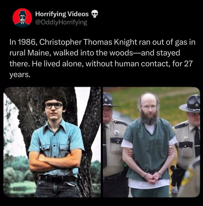Two side-by-side images showing Christopher Thomas Knight before and after living alone, an oddly horrifying and unnerving story.