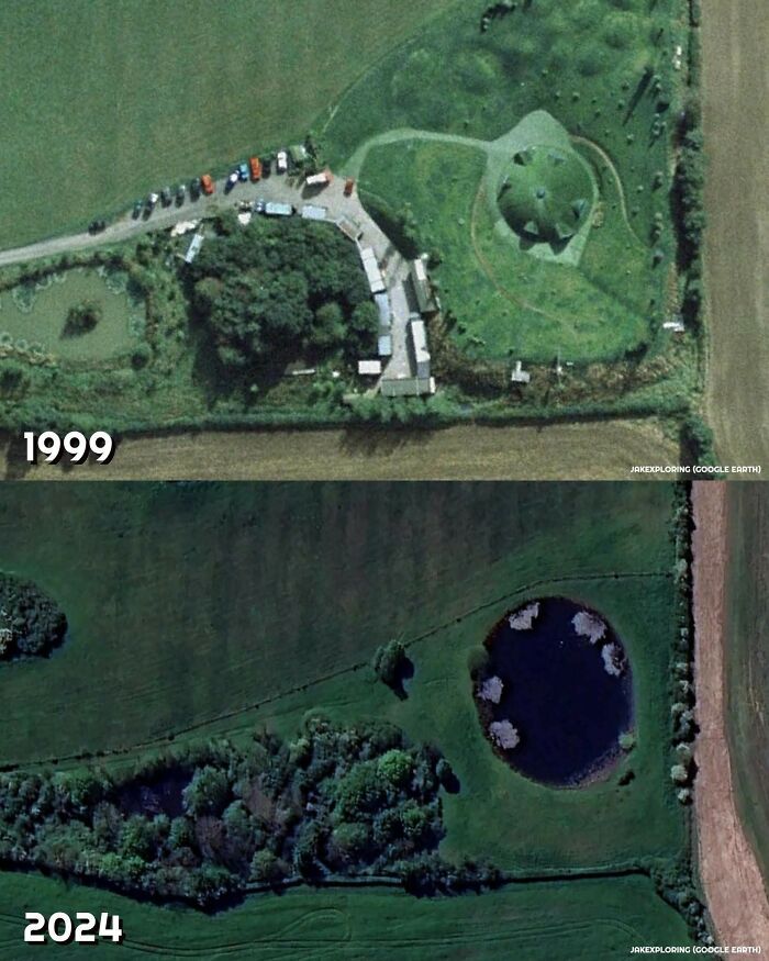 Aerial view showing nostalgic posts of a 1999 ’90s playground compared to the same location in 2024.