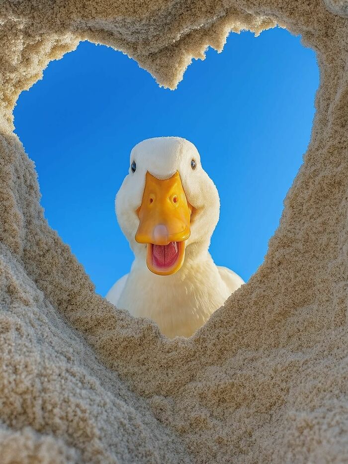 Adorable duck smiling through a heart-shaped hole in sand with clear blue sky background, capturing cute animal moments.