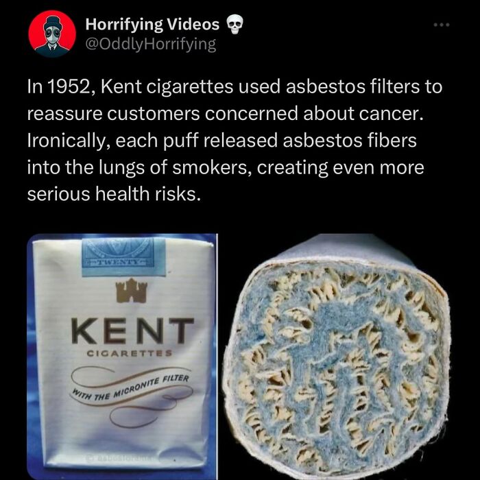 Kent cigarettes asbestos filters shown in packaging and close-up, highlighting unnerving health risks from hidden asbestos fibers.