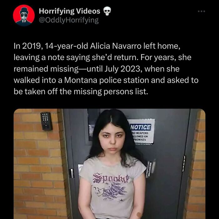 Teen girl standing in front of a police station door, part of oddly horrifying unnerving images collection.