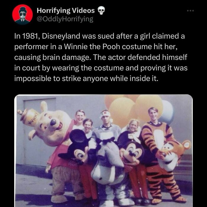 Winnie the Pooh costume actor defends himself in court, highlighting unsettling and oddly horrifying moments from amusement parks.