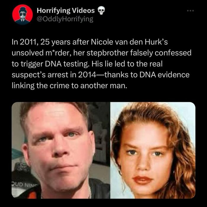 Screenshot of a Twitter post from Oddly Horrifying about DNA evidence solving a cold case m****r from 2011.