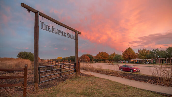 The Flower Mound entrance sign at sunset, showcasing one of the best places to live in the USA.