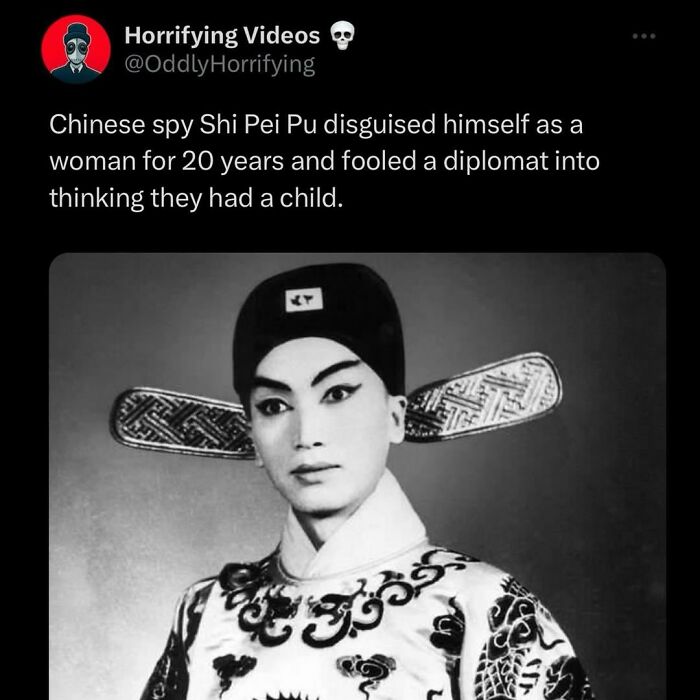Black and white photo of a Chinese spy disguised as a woman, featured in odd and horrifying unnerving images collection.
