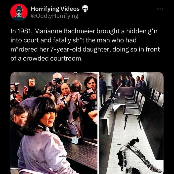 Courtroom scene with a woman facing photographers and a disturbing stain on the floor, odd and horrifying image.