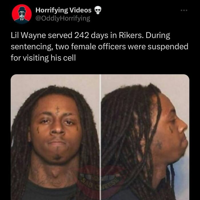 Mugshot of Lil Wayne with dreadlocks and facial tattoos, related to oddly horrifying and unnerving images.