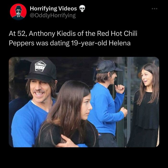 Man and young woman in casual clothes interacting outdoors, reflecting oddly horrifying unsettling vibe in the image.