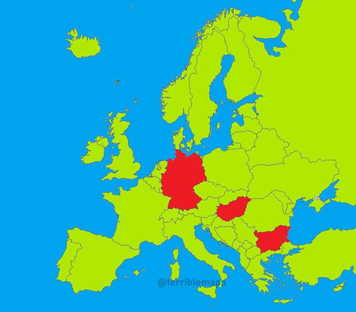 Map of Europe highlighting Germany, Hungary, and Bulgaria in red, part of funny maps collection for humorous geography insights.