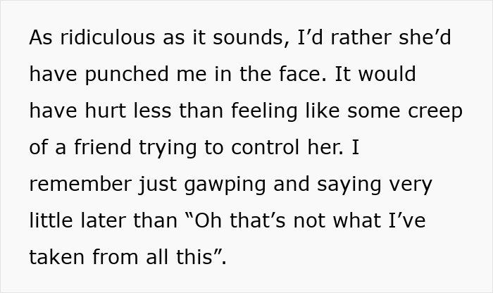 Text excerpt discussing feelings of frustration and control in the context of cutting off a friend in an abusive marriage.