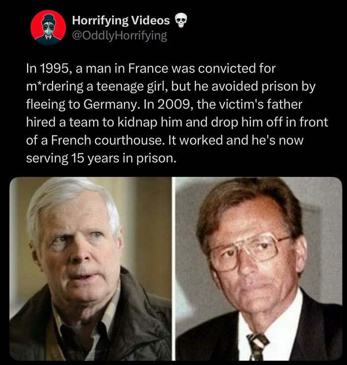 Twitter post describing a kidnapping to capture a fugitive criminal, paired with photos of two older men, unsettling images.