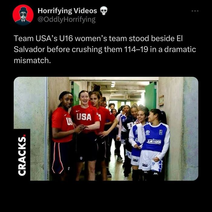 Young female basketball players from USA and El Salvador lined up in a narrow hallway before an unnerving match.