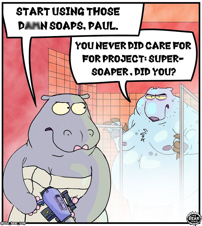 Hilarious animal comic of a bear struggling with real-life issues while asking for more soap in the shower.