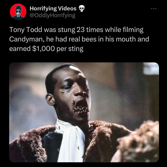 Actor Tony Todd with bees crawling out of his mouth in a scene from Candyman, illustrating oddly horrifying imagery.
