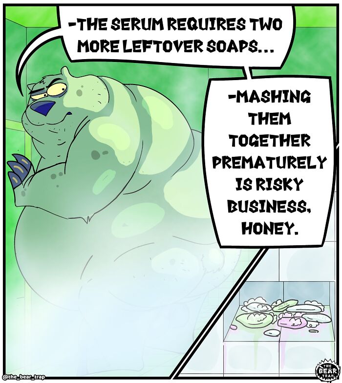Hilarious animal comic of a bear struggling with real-life issues while asking for more soap in the shower.