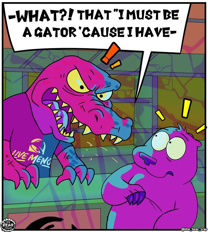 Animal comics showing a tired alligator cashier and a bear customer using a funny farewell phrase at checkout.