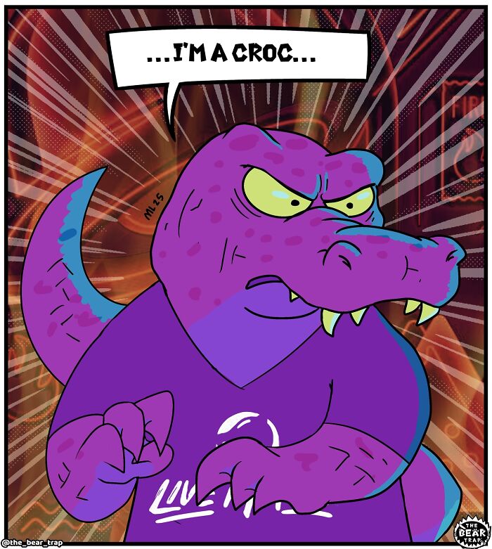 Animal comics showing a tired alligator cashier and a bear customer using a funny farewell phrase at checkout.