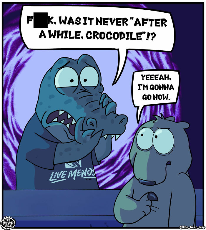 Animal comics showing a tired alligator cashier and a bear customer using a funny farewell phrase at checkout.