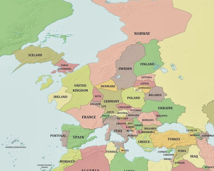 Colorful political map of Europe and surrounding countries showing country borders and names for Simon Shows You Maps.