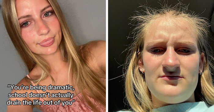 Side-by-side before and after life happened photos showing changes in a young woman's appearance over time.