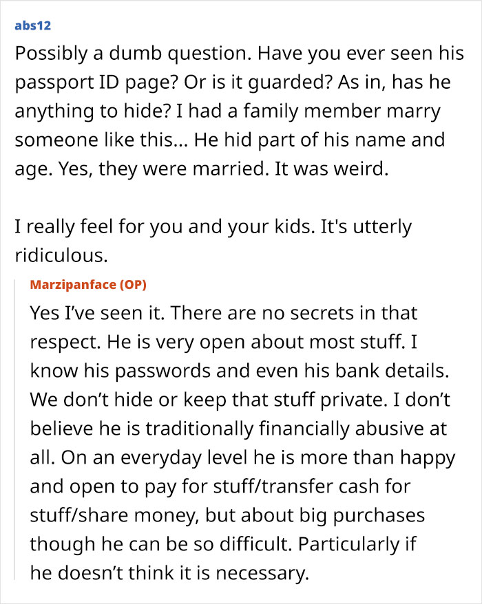 Forum conversation about husband saying wife and kids aren't allowed passports due to financial constraints and trust issues. - 28
