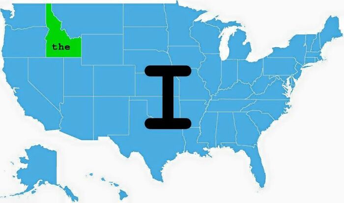 Map of the United States with a large black letter I and a small green Idaho labeled the word the, a funny map concept.