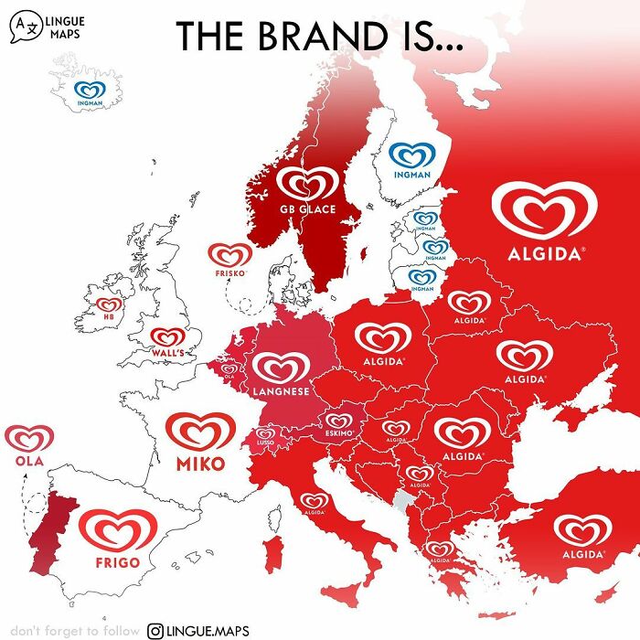 Map of Europe showing different ice cream brand names by country, featured in Simon Shows You Maps data and infographics.