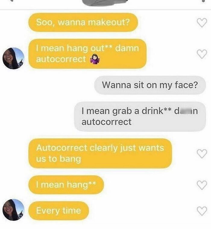 Text message exchange showing humorous autocorrect fails, fitting weird and unhinged type of humor memes.