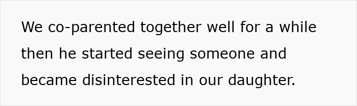 Text on white background stating co-parenting challenges as man cancels plans to go on cycle trip instead of watching daughter. Text on white background stating co-parenting challenges as man cancels plans to go on cycle trip instead of watching daughter.