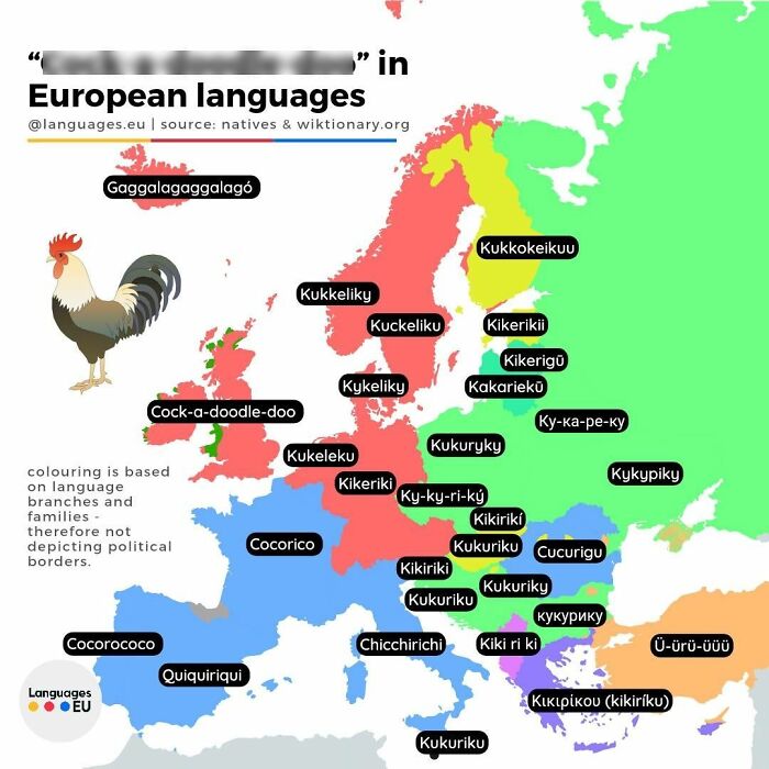 Map showing how rooster crow sounds are expressed in various European languages, featuring interesting maps and data insights.