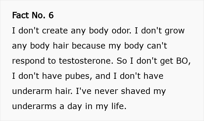 Text excerpt describing an intersex woman with XY chromosome explaining how her body differs due to lack of response to testosterone. - 8