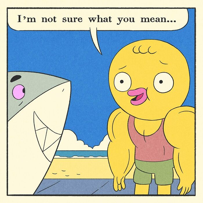 Comic panel showing a bodybuilding duck encouraging friends at the gym with a friendly and soft-hearted expression.