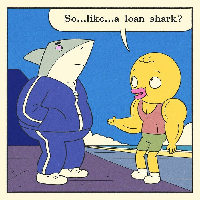 Muscular shark character in a blue tracksuit pointing, with speech bubble in a comic about a bodybuilding duck’s soft heart.