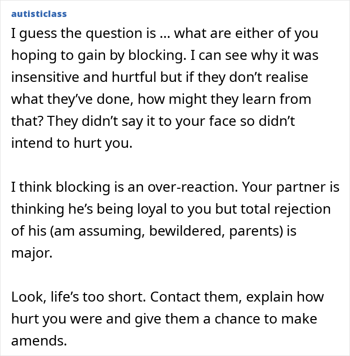 Text screenshot of advice discussing a woman shocked by overhearing boyfriend&rsquo;s parents talking about her and her desire to avoid them.