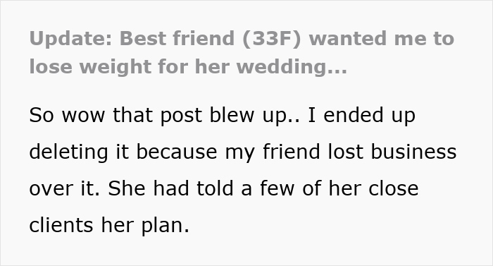 Text excerpt discussing a 30-year-old friendship ruined after bride asked maid of honor bestie to lose weight before wedding. Text excerpt discussing a 30-year-old friendship ruined after bride asked maid of honor bestie to lose weight before wedding.