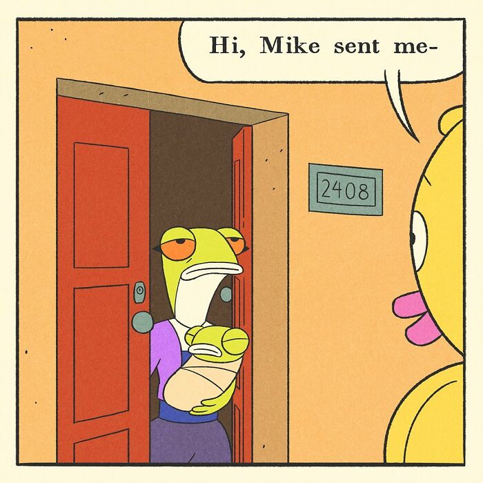 Bodybuilding duck locking a pink bicycle on a suburban street in a comic style with bright colors and clear sky background.