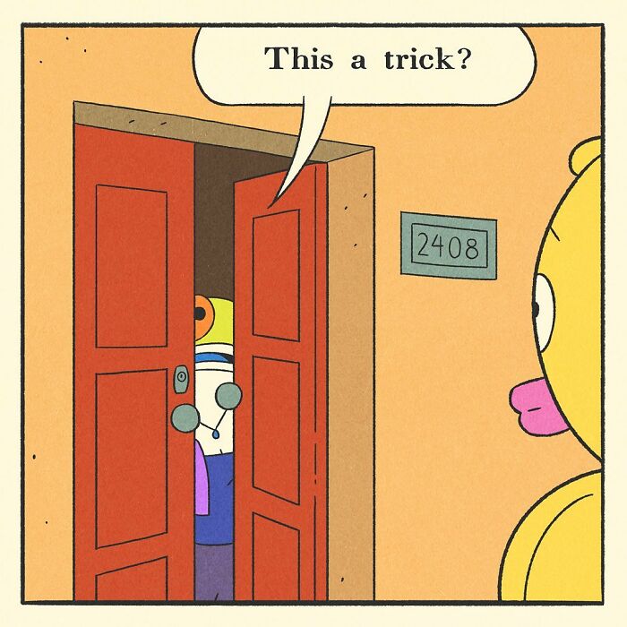 Bodybuilding duck cartoon character with a worried expression saying oh that's no good in a comic panel.