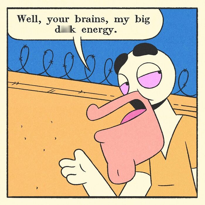 Cartoon comic featuring a bodybuilding duck character with a soft heart standing by a door with no entry sign.