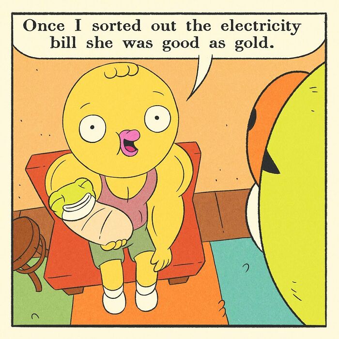 Comic illustration of a bodybuilding duck with a soft heart gently holding a small bird in a cozy living room.