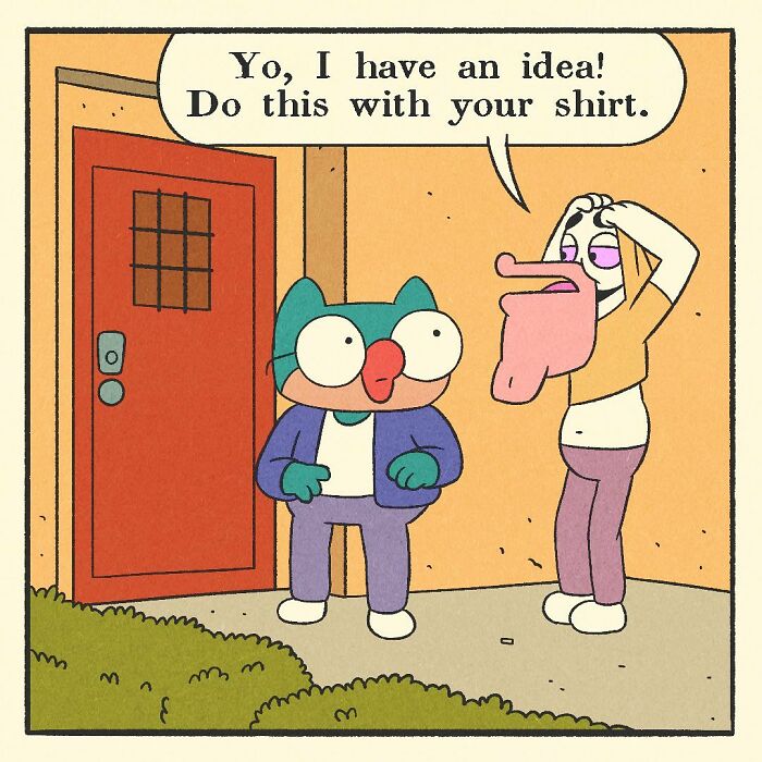 Bodybuilding duck with a soft heart and a worried cat character sitting in a car, expressing they make a bad team.