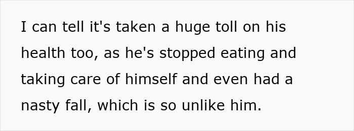 Text showing concern about a woman's decision to leave her partner homeless and its emotional toll on his health.