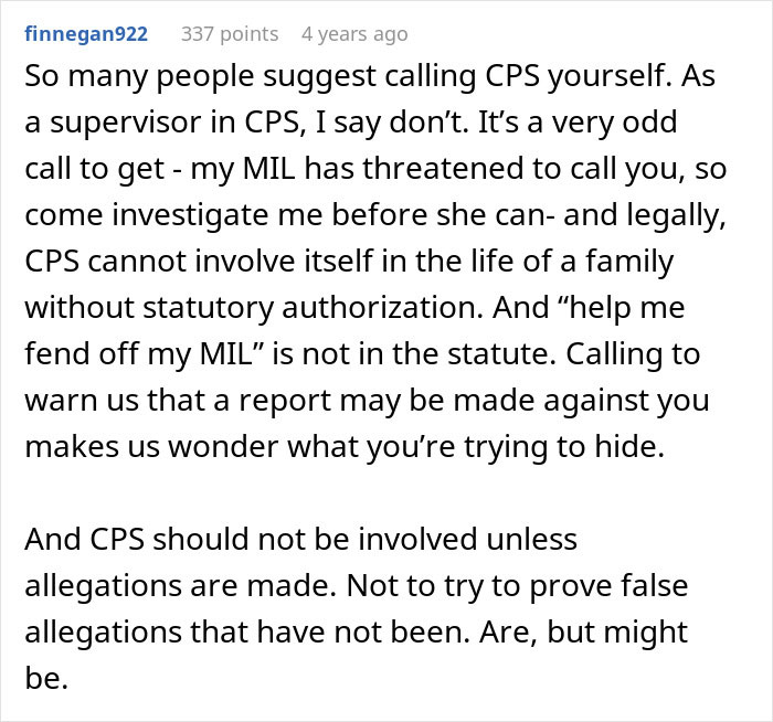 Text comment from CPS supervisor advising against calling CPS due to threats from MIL, addressing CPS involvement and family issues. Text comment from CPS supervisor advising against calling CPS due to threats from MIL, addressing CPS involvement and family issues.
