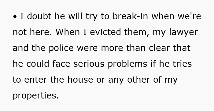 Text excerpt about father and son conflict over house eviction, involving lawyer and police warnings about lock changes.